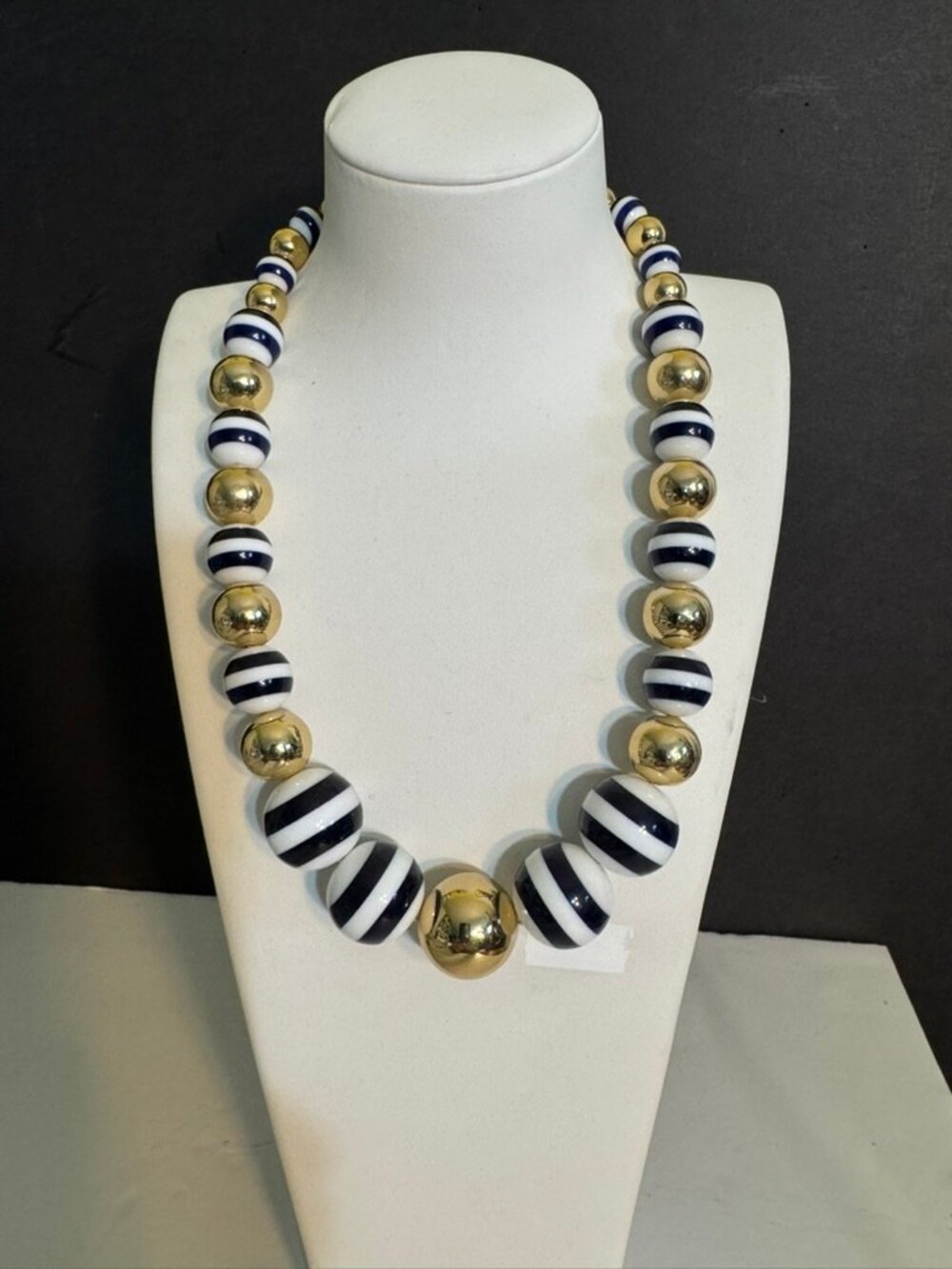 NWT Talbots Statement Necklace Navy White Gold Stripe Graduated Beads Adj Length - Picture 3 of 7